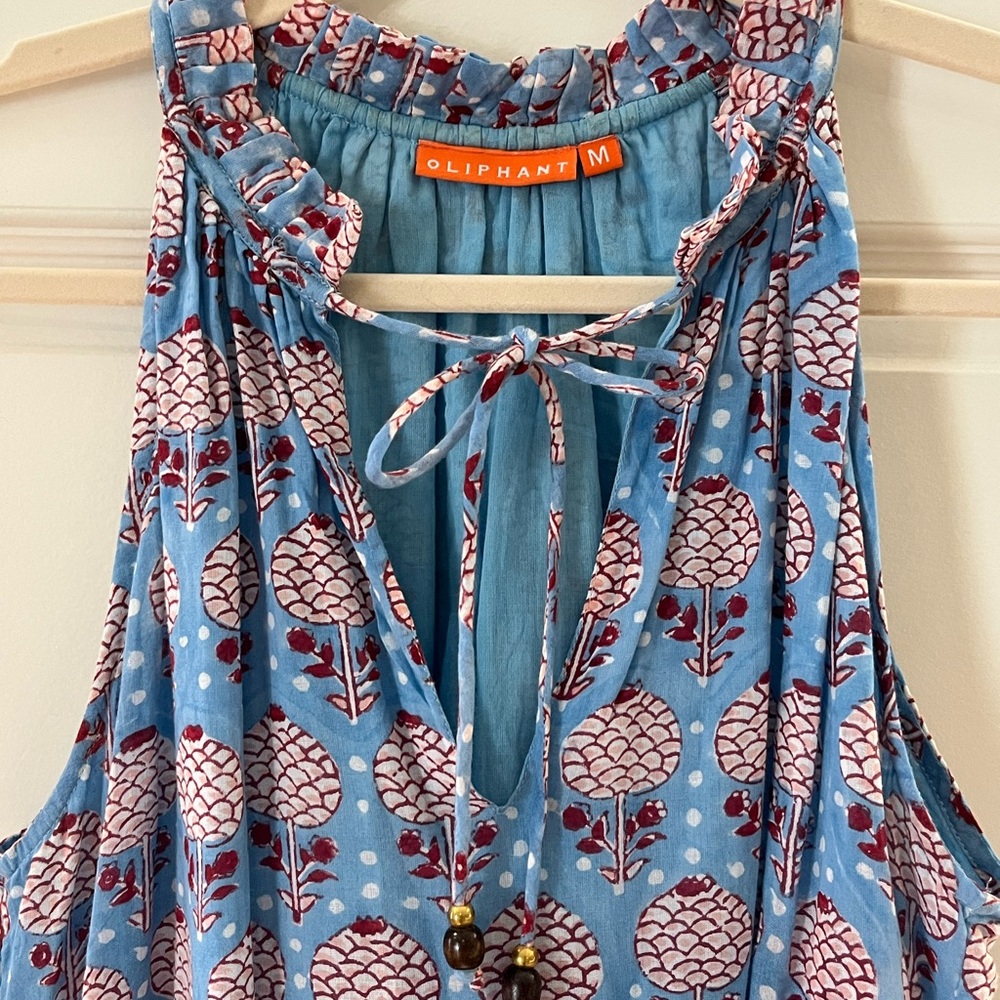 Oliphant (M)- Tiered Mini dress, blue and red floral block print - Picture 2 of 4